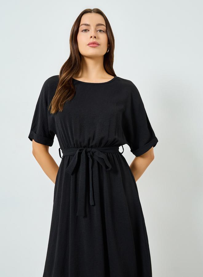 Take Two Black Short Sleeve Wait Tie Midi Dress - Image 1